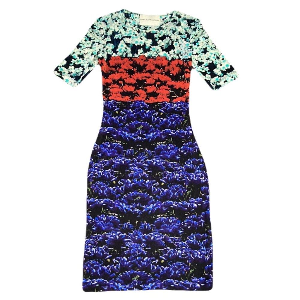 MARY KATRANTZOU silk Y2K digital floral dress, size XS